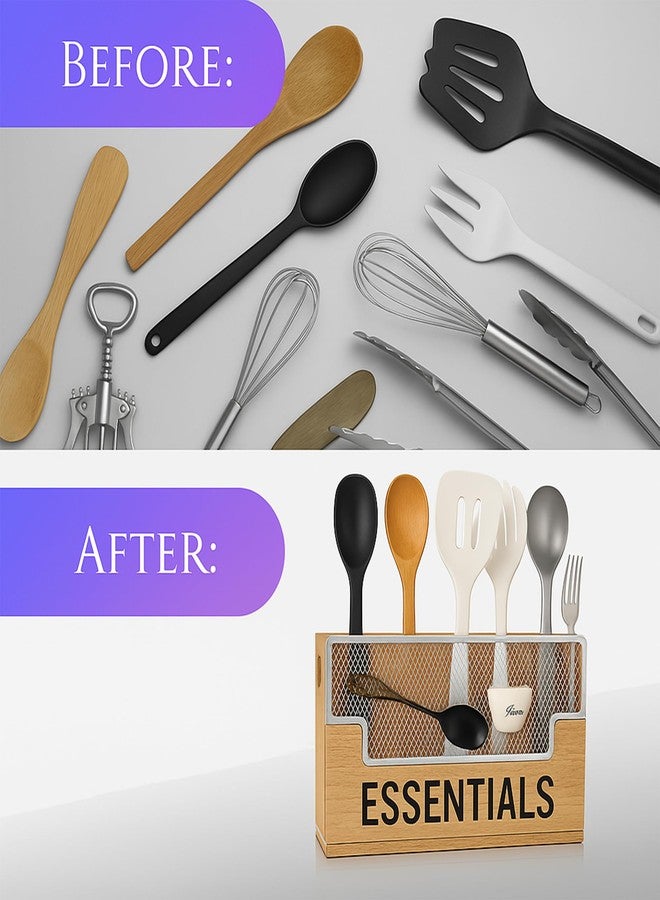 Zentora Extra Large Kitchen Utensil Organizer with 4 Compartments, Wooden Utensil Holder for Countertop, Rustic Kitchen Utensil Holder for Silverware & Cooking - Image 4
